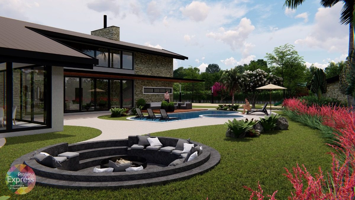 Área externa com piscina e jardim