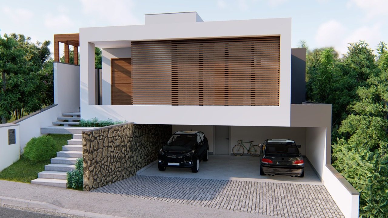 Fachada residencial com brise em madeira